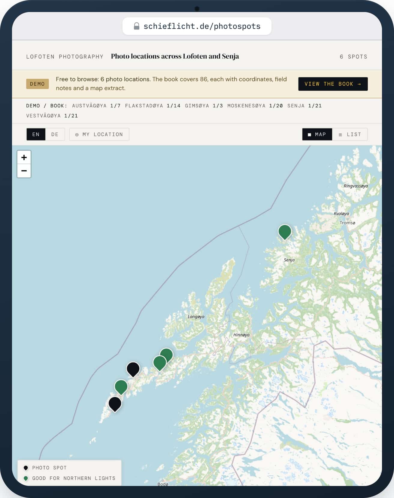 ipad-photospots-overview Lofoten Photography Demo-App – Übersichtskarte